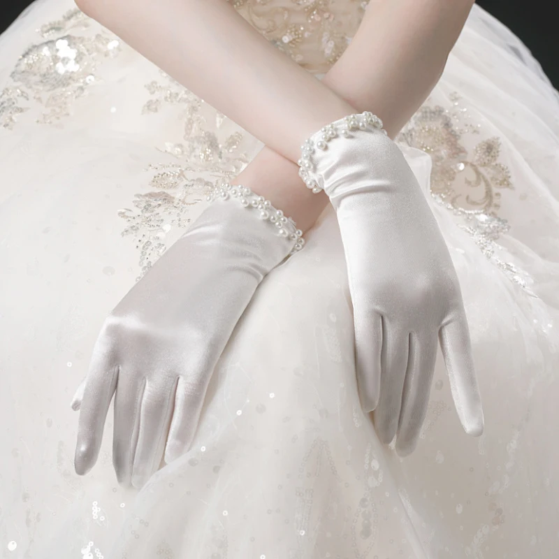Women Wedding Bridal Short Gloves Full Finger Pearls Wrist Length Costume Prom Party Gloves lace gloves wedding dress gloves satin finger gloves