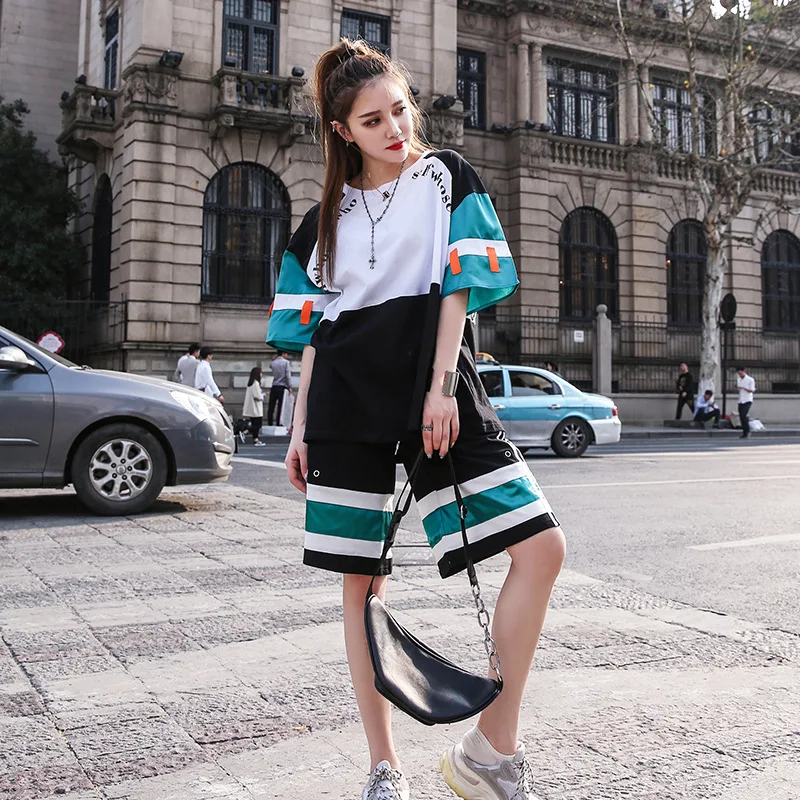 

Photo Shoot Street Hiphop Popular Brand Printed Cool Contrast Color WOMEN'S Suit Two-Piece Set Loose Shorts Set