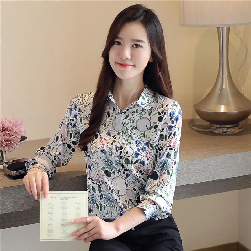 

COIGARSAM Plus Size Korea Style Shirt Womens tops New Spring Office Lady Print Chiffon Loose Women shirts Colorful Flowers 6014