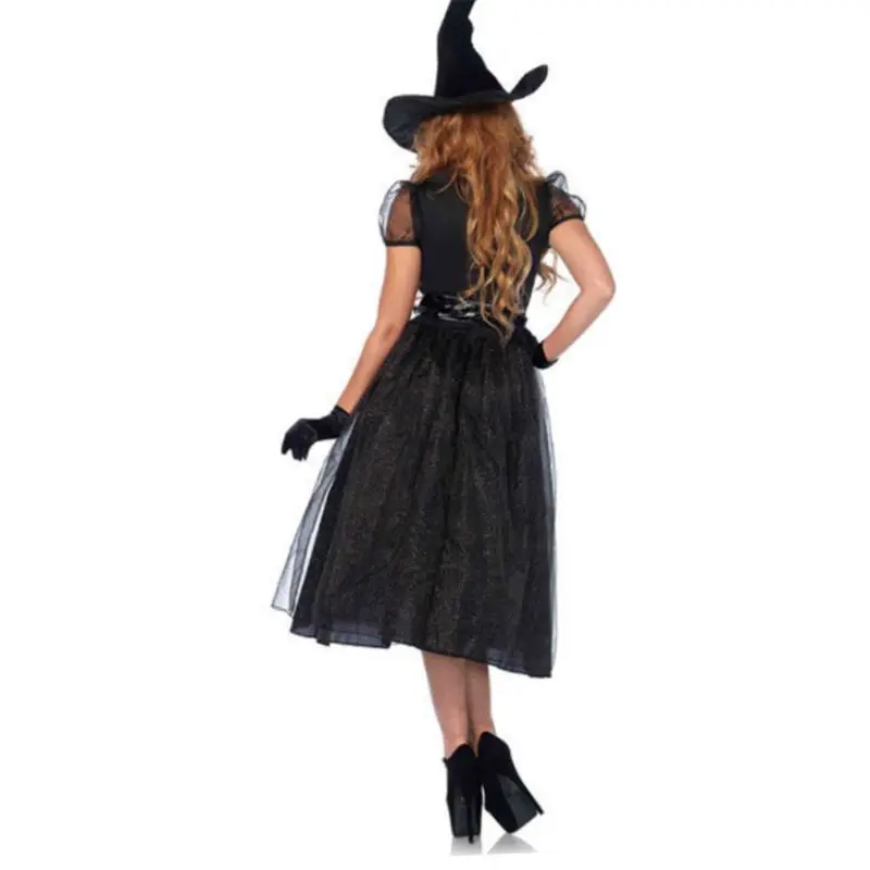 Женский черный костюм Wicked Witch для косплея, сексуальное длинное платье миди с поясом на талии и шляпой, перчатки, маскарадные реквизиты для вечеринки на Хэллоуин