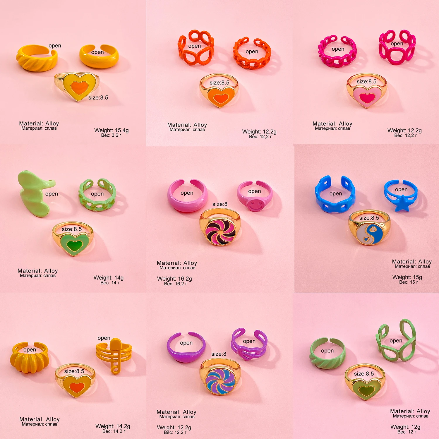 Vintage Heart Rings Set for Women Fashion Resin Flower Love Heart Ring Jewelry Gifts fashion rings fashion ring finger rings