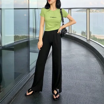 

Women Summer Fashion Two Piece Outfits Short Sleeve Slim T-Shirt&High Waist Wide Leg Long Pants Sets 2Pcs Casual Pants Suits
