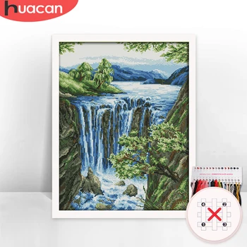 

HUACAN Embroidery Cross Stitch Waterfall Scenery Needlework Sets Kits White Canvas DIY Gift Home Decor 11CT 14CT