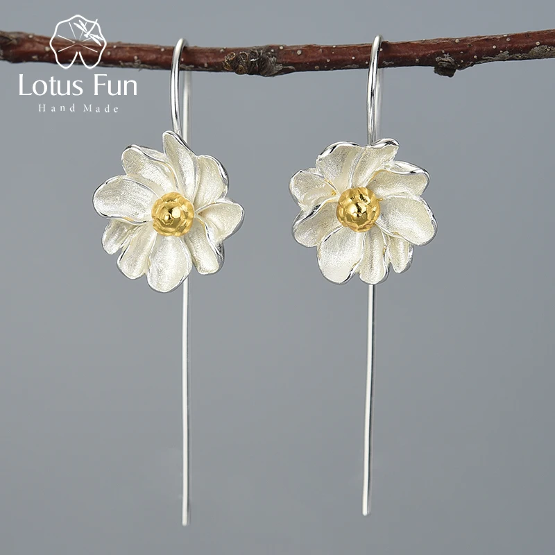 Lotus Fun, 18 K, Золотые серьги с жасминовым цветком, настоящее 925 пробы, серебряные, ручной работы, дизайнерские, хорошее ювелирное изделие, серьги для женщин - Цвет камня: Многоцветный