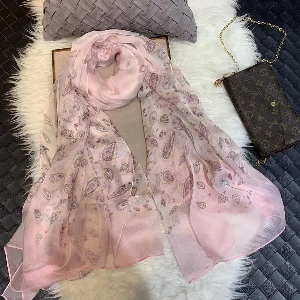 [BYSIFA] Белый шелковый шарф-накидка Модный цветочный дизайн длинные шарфы женские летние пляжные шали зимние шарфы 180*110 см - Цвет: pink paisley