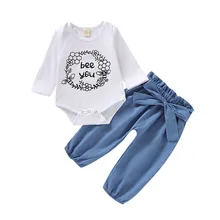 Комплект одежды для маленьких девочек, г. Осенняя Одежда для новорожденных из 2 предметов комбинезон с надписью, боди+ имитация джинсовых штанов, костюм, одежда для малышей