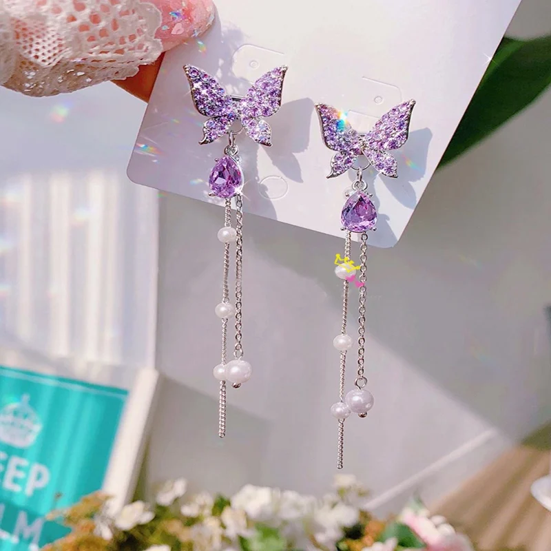 Drop-Earrings Jewelry Pearl Tassel Rhinestone MENGJIQIAO Butterfly Elegant Korean-Shiny