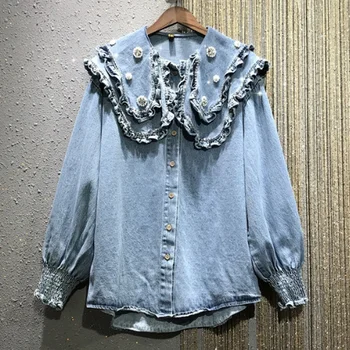

European Goods 2020 Spring New Retro Lace Lapel Rhinestone Beaded Court Lantern Sleeve Thick Denim Shirt Women's Denim Blouse
