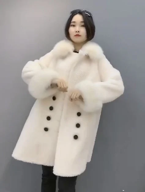 ZiZhen меховое пальто крупные частицы шерстяное пальто с манжеты из лисьего меха и воротником средней замши Зимние Женские однотонные wz93 - Цвет: Белый