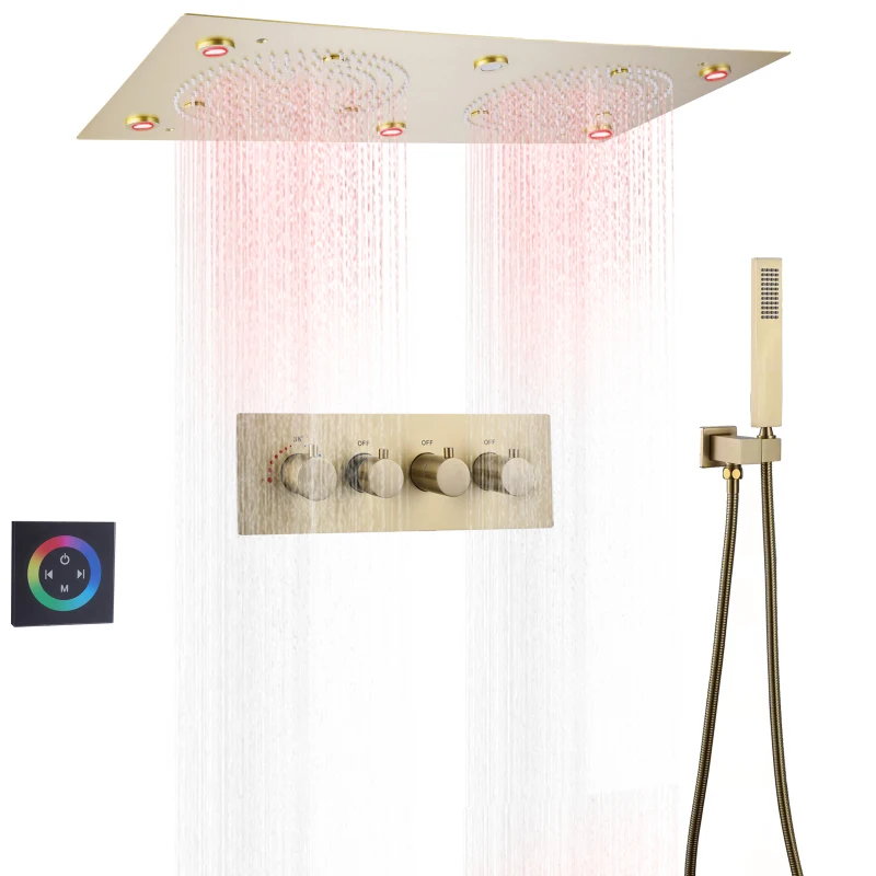 

Brushed Gold Thermostatic Shower Mixer Set 620*320 MM LED Bathroom Rainfall Concealed Shower System With handheld