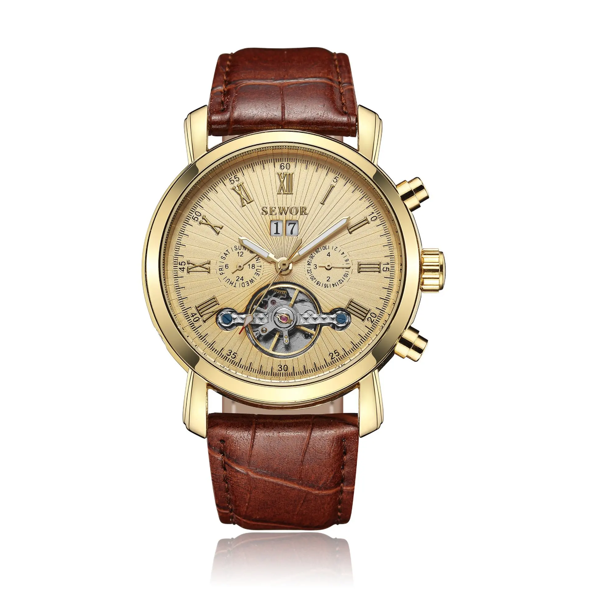 

Alloy Fully Automatic Machinery Flywheel Watch sewor Leather Belt Watch Strap Calendar