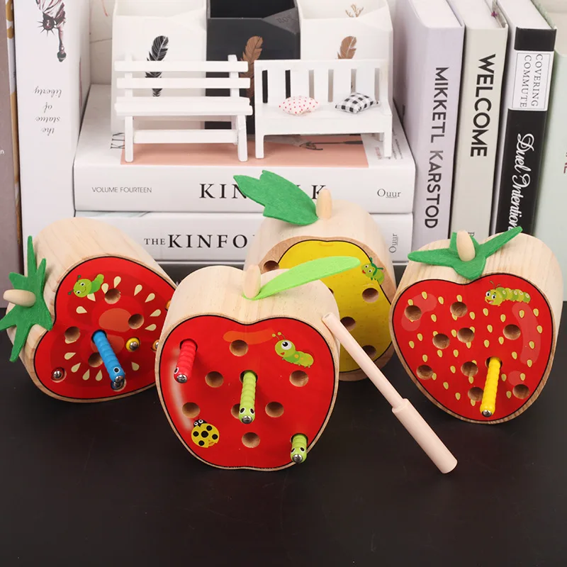 

Montessori Early Childhood Fruit Catch Insect Toy Baby Educational Wood Magnetic Fishing diao le 1-3 Years Old Catch Worm Game