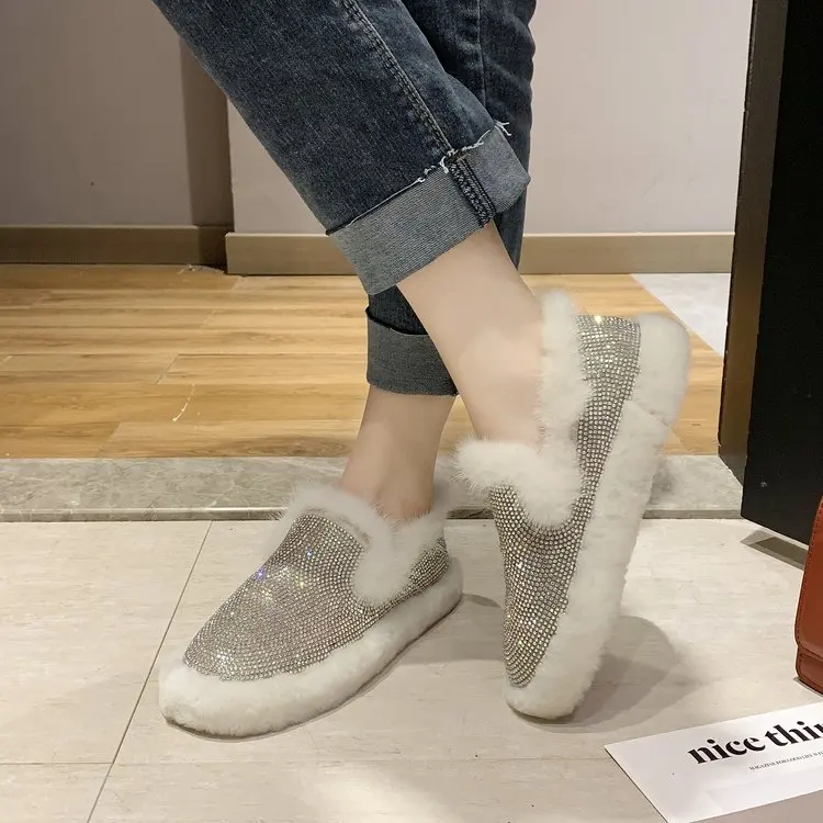 Зимние женские Туфли без каблуков ботильоны женская обувь круглый носок, на платформе, теплые модные зимние ботинки Rhinestone Женская обувь botas mujer C180