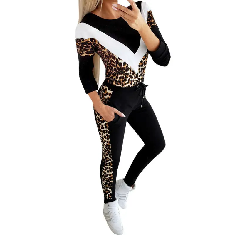 

Womens Sport Casual Suit Hoodies Sweatshirt Long Pants Trousers Leopard Print Set 2Pcs Tracksuit Sweat Suit
