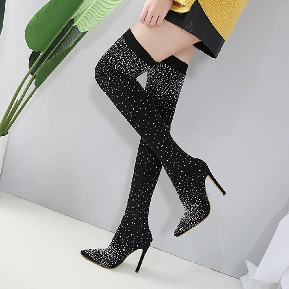 SAGACE г. Модные Подиумные ботинки с кристаллами стелька из эластичной ткани женские ботфорты с острым носком на высоком каблуке A12
