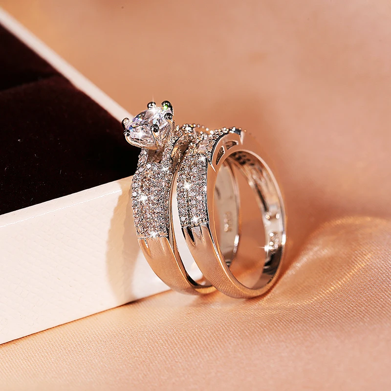 Silver Rings Fashion Women's Two-piece Ring Shiny Zircon Geometric Ring Double Layer 925 Silver Party Jewelry Wedding Accessorie