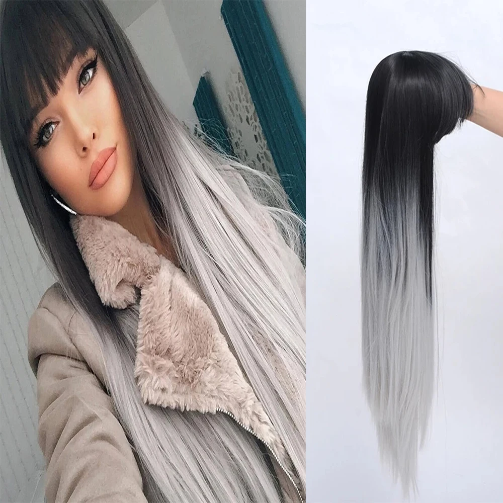 WHIMSICAL W 26 inch Long Straight Black Gray Ombre Wig With Bangs Gray Color Heat Resistant Hair Synthetic Wig for Women