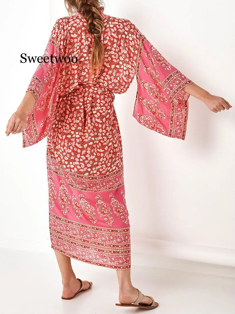 Women Boho Beach Summer Holiday kimono Cardigan Loose Long Blouse Floral Travel vacation