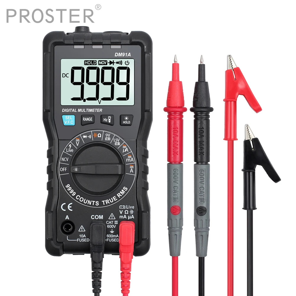 

Proster Digital Multimeter 9999 Counts TRMS Auto Range NCV Detector DC AC Voltage Current Meter Capacitance Diode and Continuity Tester