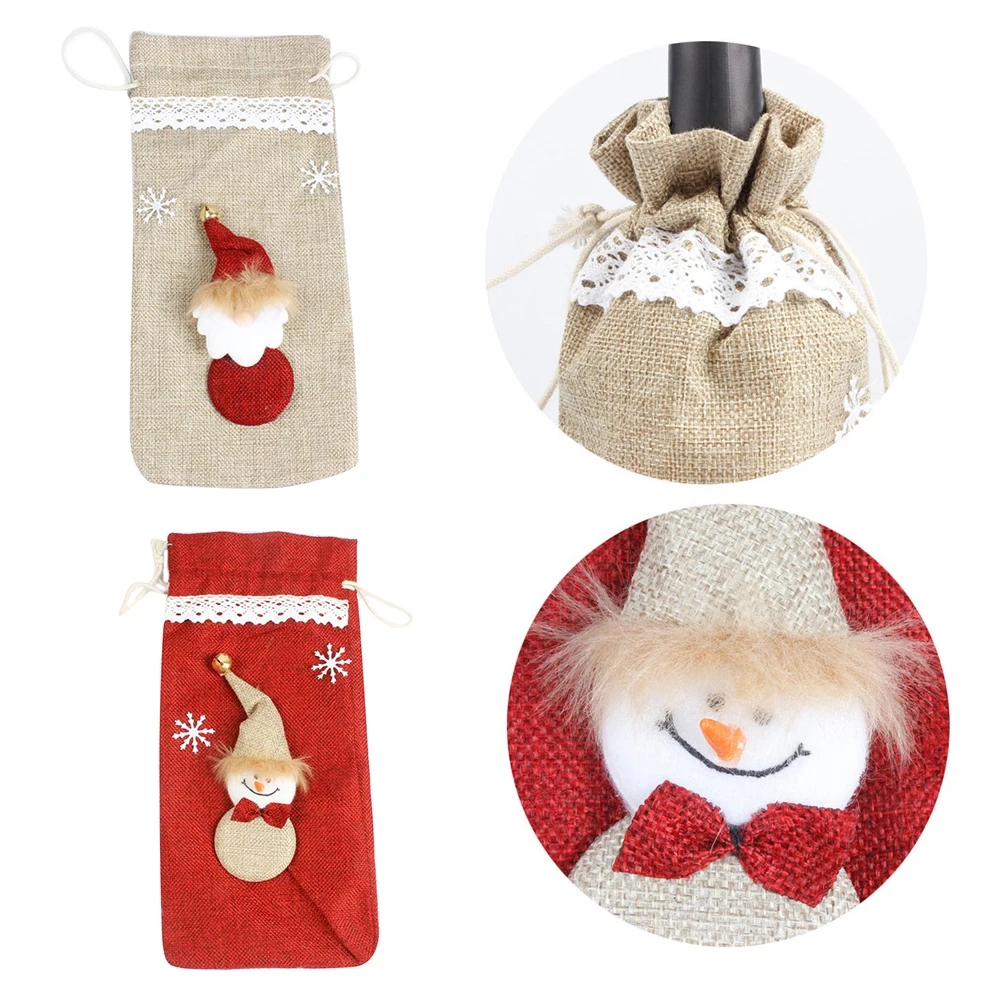 2 TypesChristmas Snowman Santa Drawstring Wine Bottle Cover Bag Party Table Decoration