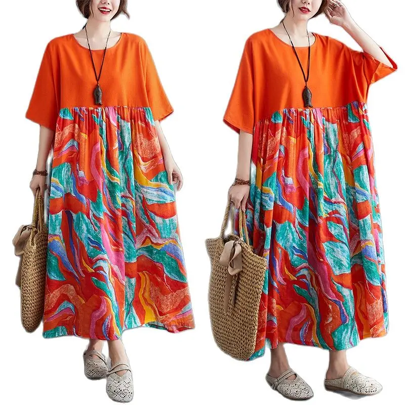 

ARCSINX Orange Women's Dress Oversize 7XL 8XL Short Sleeve Print Dresses Woman Cotton Sundresses Woman Plus Size 4XL 5XL 6XL