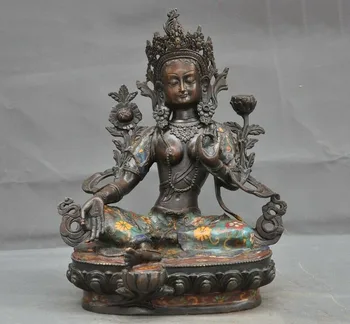 

wedding decoration Old Tibetan Buddhism Bronze Cloisonne green Tara Kwan-Yin goddess Buddha statue