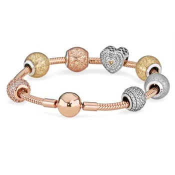 

NEW 100% 925 Sterling Silver Rose gold Heart bracelet Clear CZ Charm Bead fit pendant DIY Bracelets Set factory wholesale