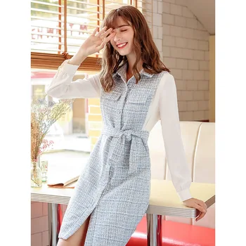 

2019 autumn/winter new brand women's lapel single-row button show thin a-word skirt lady chic dress
