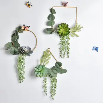 

1pcs Hanging Plastic Fleshy Iron Wreath Nordic Artificial Green Plant Wall Pendant Wedding Aerial Hanging Garland Decor