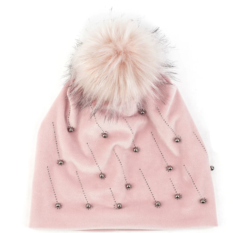 pink 8 Geebro, модная перламутровая шапка для взрослых, шапка с 15 см искусственным мехом, помпоном, меховым помпоном, черепом для женщин и девочек, зимняя теплая мягкая женская шапка s - Цвет: pink 8