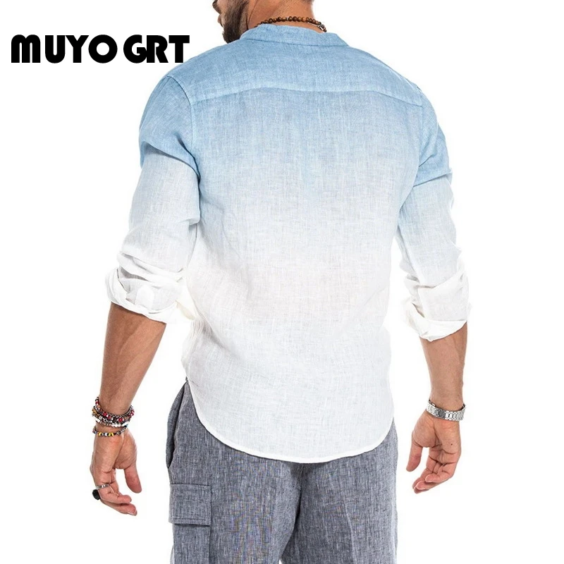 MUYOGRT новые мужские рубашки с длинным рукавом градиентные хлопковые льняные