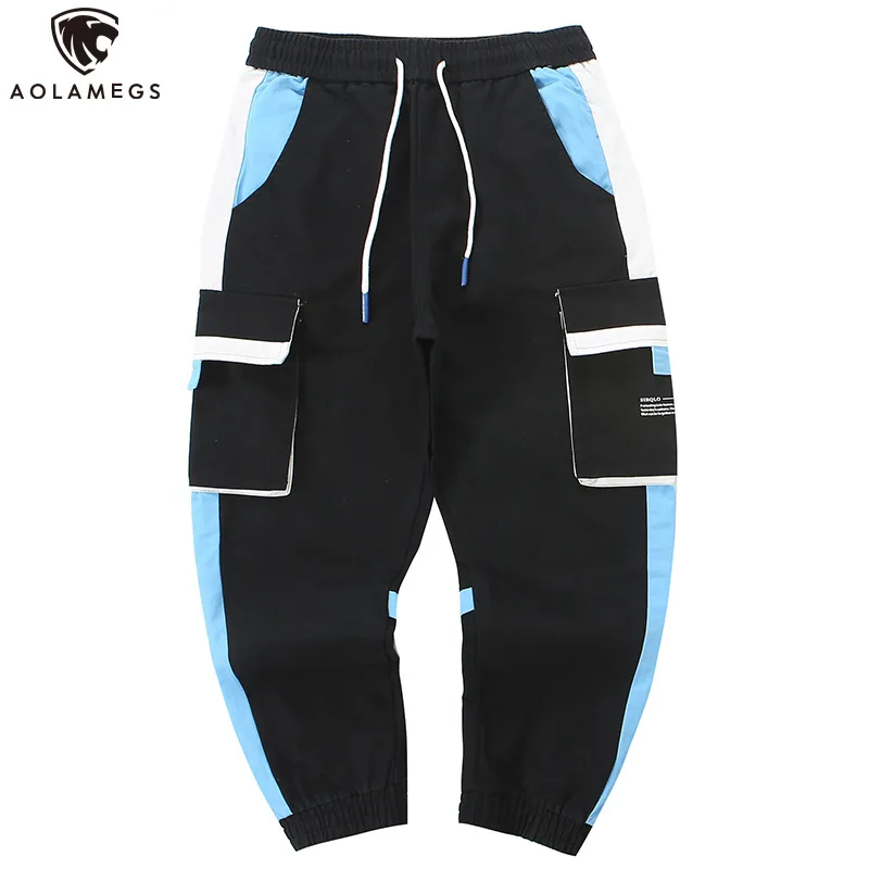 

Aolamegs Sweatpants Big Pockets Pants Men Elastic Waist College Style Trousers Drawstring Fashion Color Block Casual Streetwear