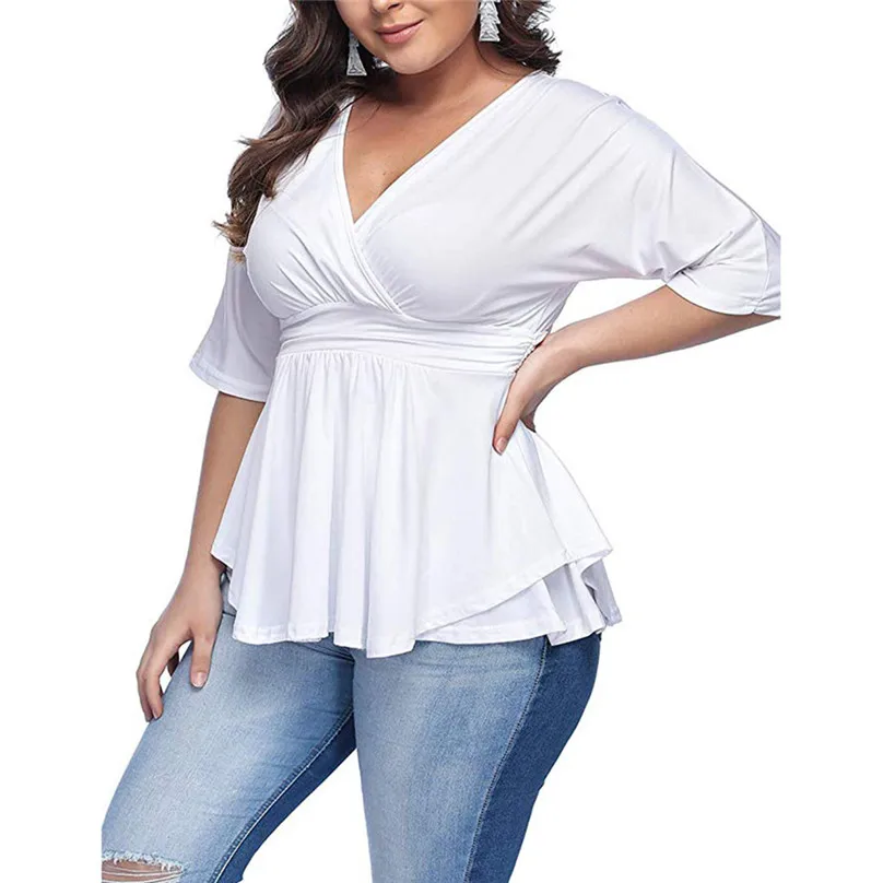 Белый Большие размеры 6XL летняя Модная Повседневная Блузка однотонная с глубоким v-образным вырезом Женские Однотонные блузки с открытыми плечами и топы blusas de verano 4FM - Цвет: Белый