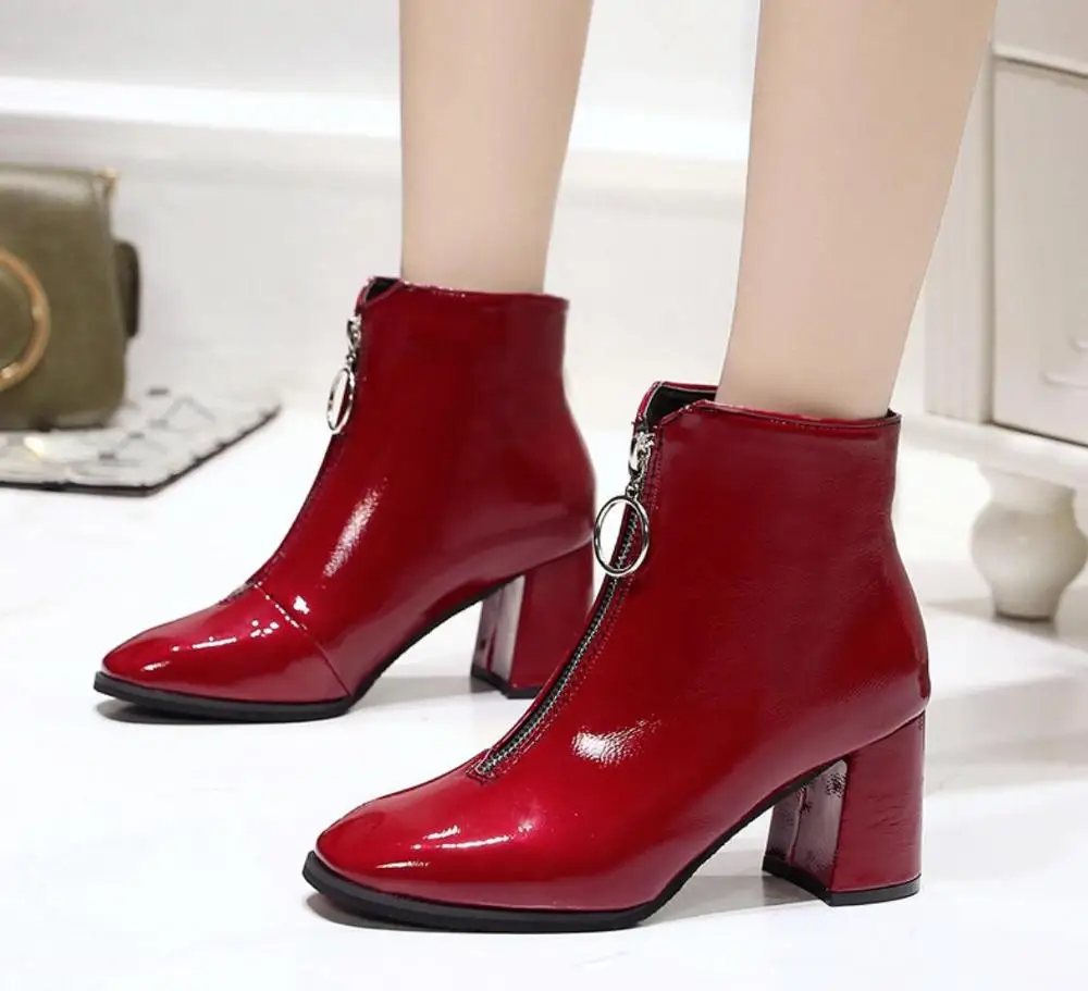 

2019 Winter Women Hgih Heel Square Toe Ankle Boots Fashion Woman Patent Leather Zipper Motorcycle Boots Booties Botas Mujer