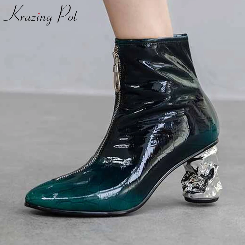 

krazing pot pleated patent cow leather front zipper round toe prsonalized design strange metal high heels streetwear shoes l7f5