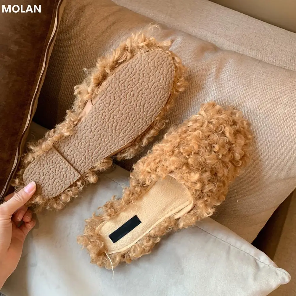 

MOLAN Brand Designers 2019 Winter Fashion Luxury Soft Wool Hair Flat Slippers For Women Slip On Loafers Mules Flip Flops Casual