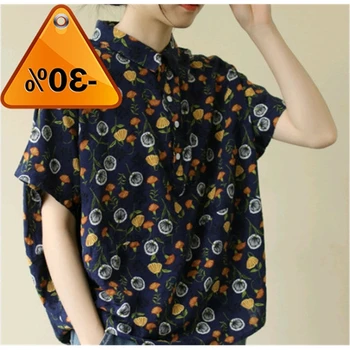 

Flower Women Print Shirts Cotton Vintage 2020 New Spring Loose Women Shourt Sleeve Colors Turn-down Collar Tops