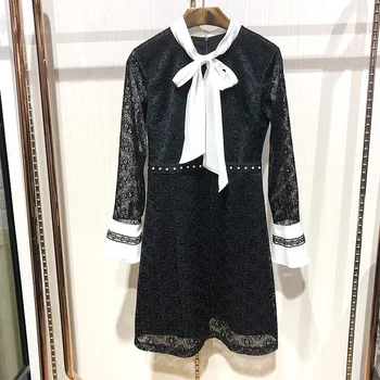 

Women Lace Bow A-line Mini Dress Flare Sleeve Hollow out Floral Black Short Dresses Sexy Ladies Clothing