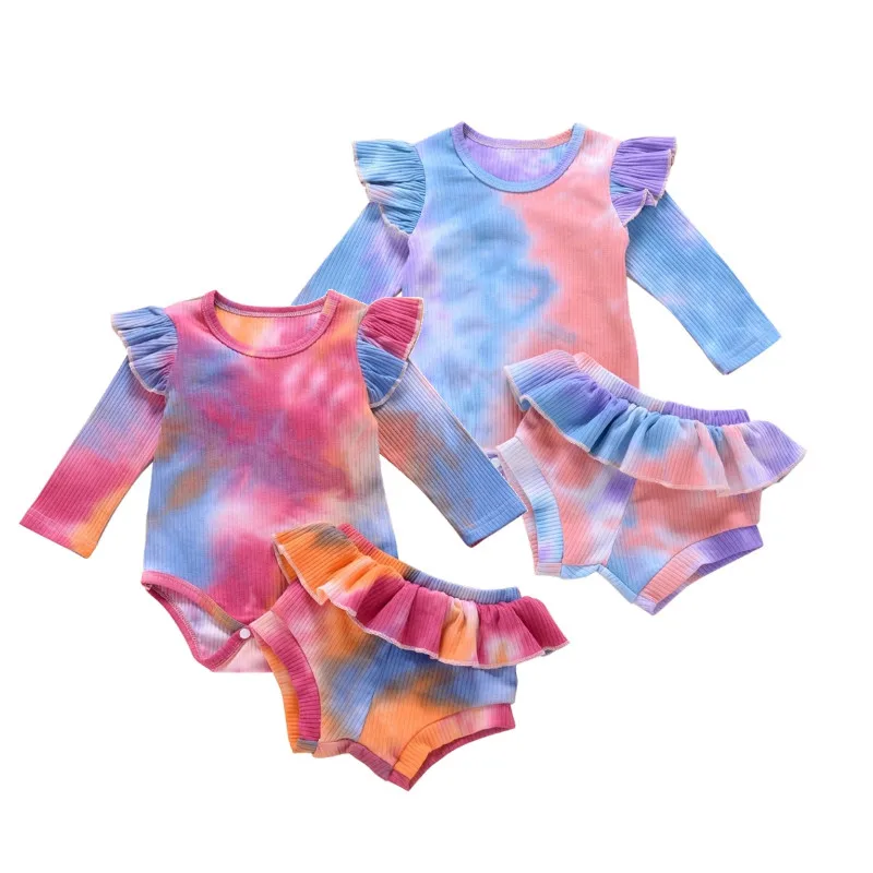 

2020 Hot Infant Baby Clothing Girls Autumn 2Pcs Set Tie-Dye Flared Long Sleeve Romper+Ruffled Shorts Outfits Cotton Clothes