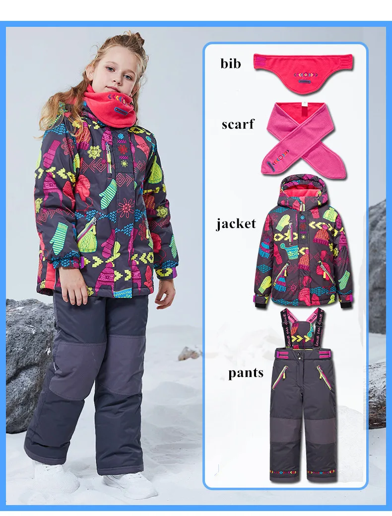 Детская Лыжная куртка со штанами для девочек, 4 предмета пальто для сноуборда и Брюки Зимняя одежда детская зимняя куртка и штаны для девочек