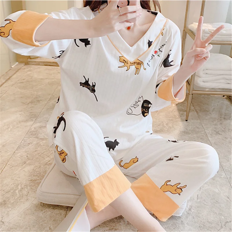 Womens Pajamas Sets V-Neck Long Sleeve Cotton Sleepwear Autumn Winter Pijamas Suit Home Clothes Pyjama Femme