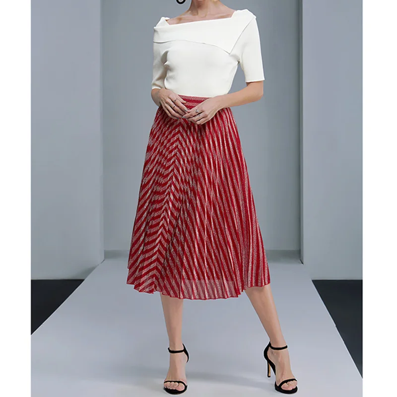 Женская плиссированная юбка ниже колена красная/Серебристая А силуэта в
