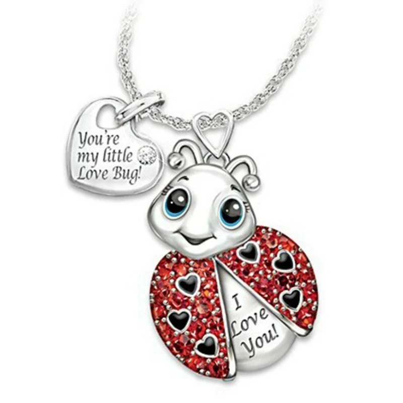 Ladybug Necklace Lucky Insect Jewelry Accessories Popular Letter Crystal Pendant Long Necklace Chain Women