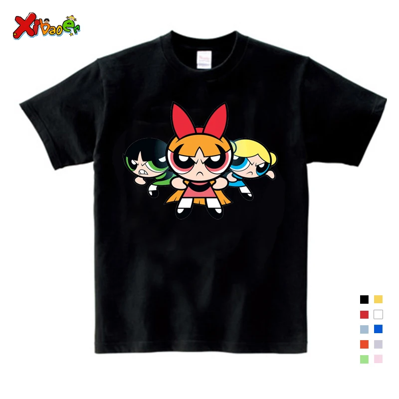 Лидер продаж, Детская футболка с надписью «Powerpuff» для девочек хлопковая футболка с короткими рукавами с цветком Веселая футболка для маленьких девочек, От 3 до 12 лет - Цвет: Kids T-shirt