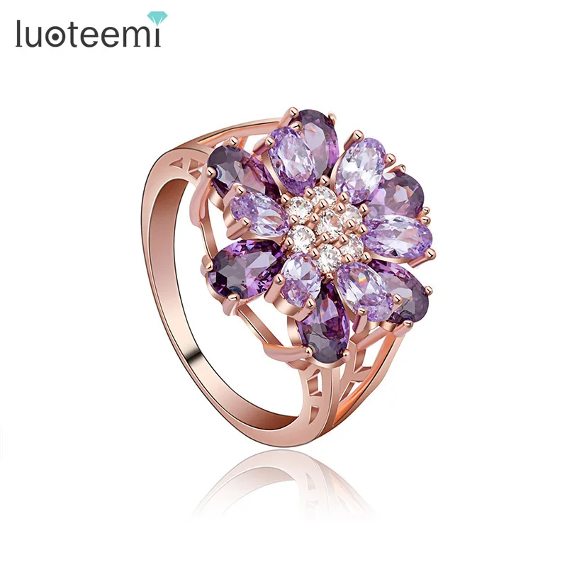 Luoteemi Фирменная Новинка заявление люкс большой цветок CZ палец Кольца Champagne Gold Цвет