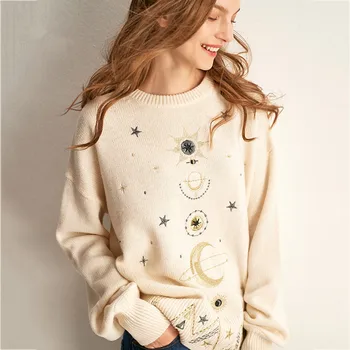 

Strar And Moon Embroidery Knitted Sweater Women 2019 Autumn Winter Casual Long Sleeve Loose Jumper Female pullover
