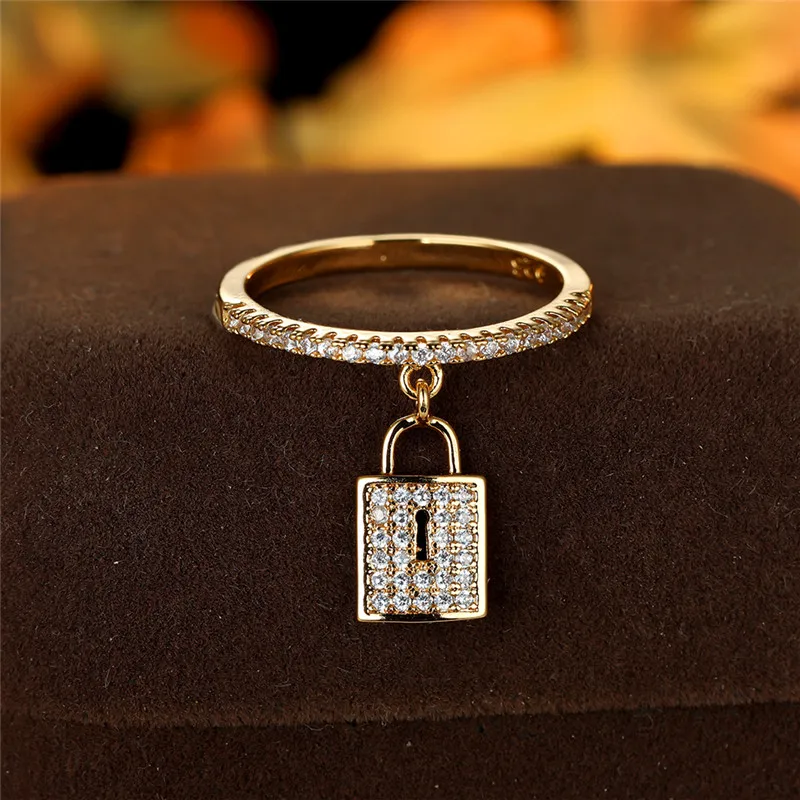 Luxury female crystal lock pendant ring trendy gold silver color engagement jewelry charm white zircon wedding rings for women crystal rings engagement rings zircon rings stone rings fashion rings gold rings wedding rings fashion ring finger rings metal rings