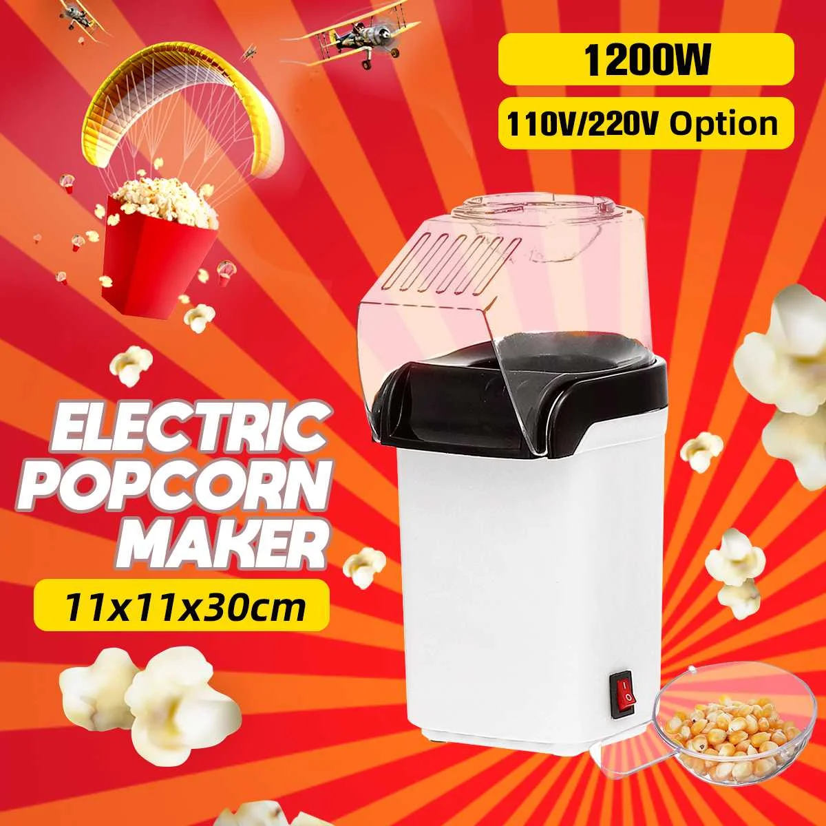 1200w Mini Electric Popcorn Maker Home Hot Air Tabletop Party Snack Oil