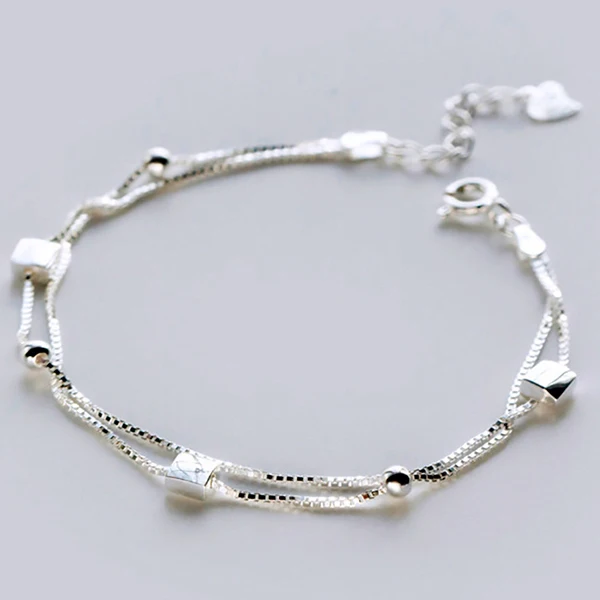Silver Новая мода 925 Серебряные Популярные Простые бусины двойной коробки Chians женские браслеты, украшения - Цвет камня: Silver