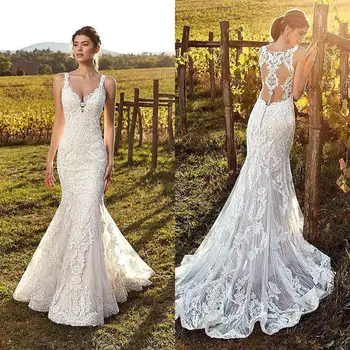 

2020 Elegant Mermaid Wedding Dresses Spaghetti Straps Lace Tulle Summer Beach Wedding Bridal Gowns Illusion Back Sweep Train New